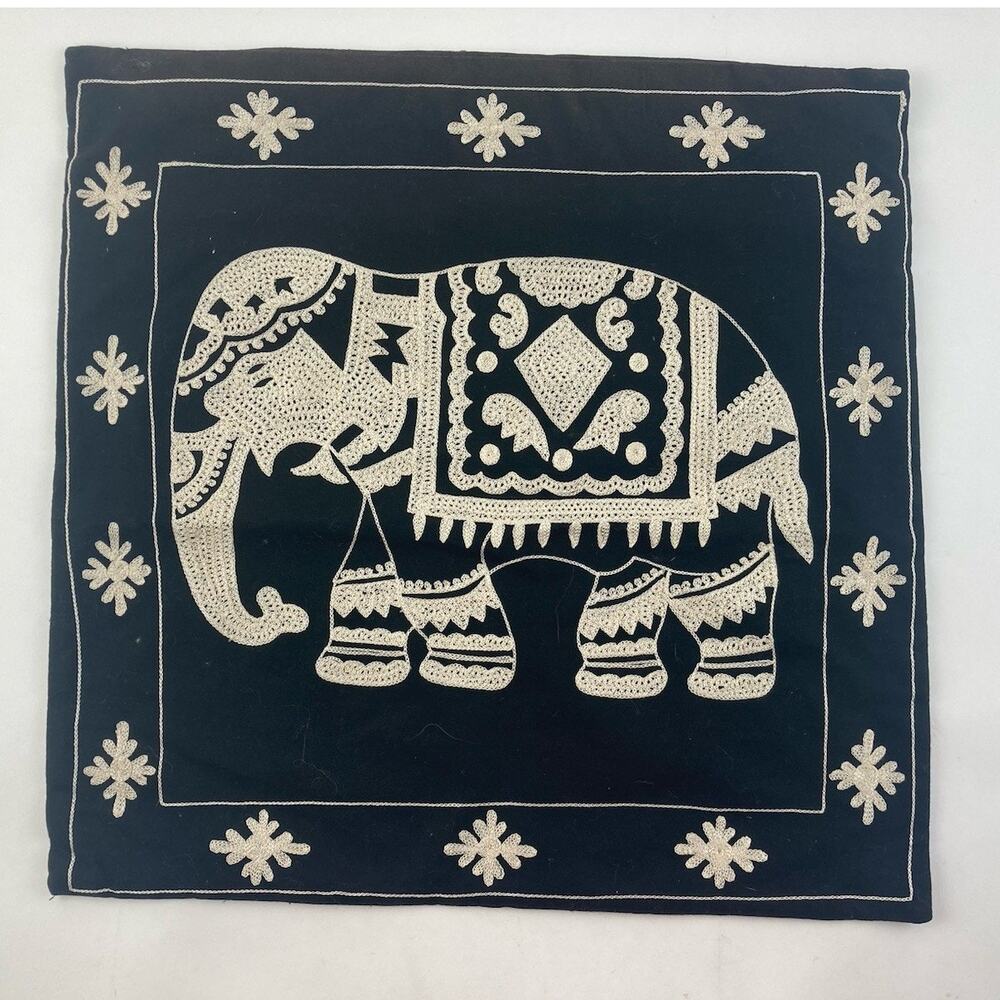 WORLD MARKET PILLOW COVER SHAM CASE Elephant 18x18 Embroidered Textured Black Th